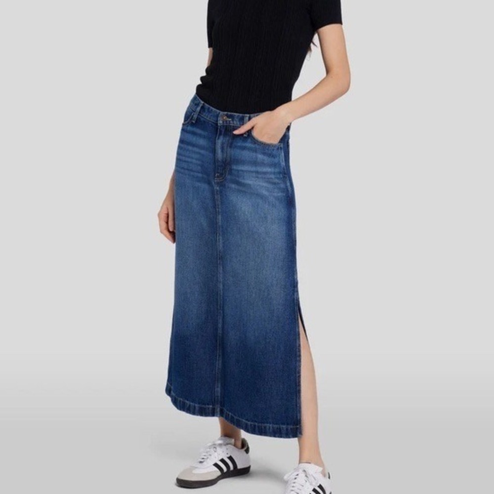 7 For All Mankind Wayne Midi‎ Denim Skirt 100% Lyocell Blue Side Slit Size 23